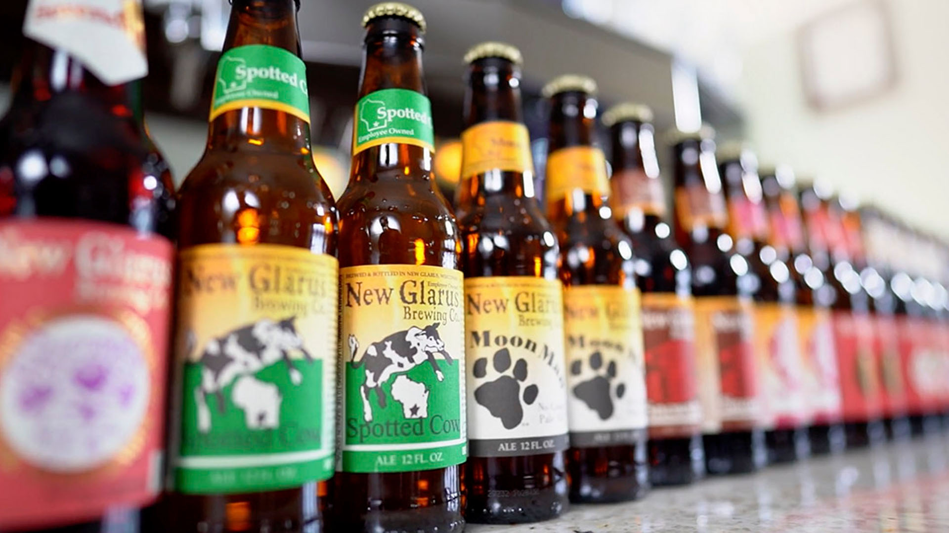 A row of different New Glarus bottled beers