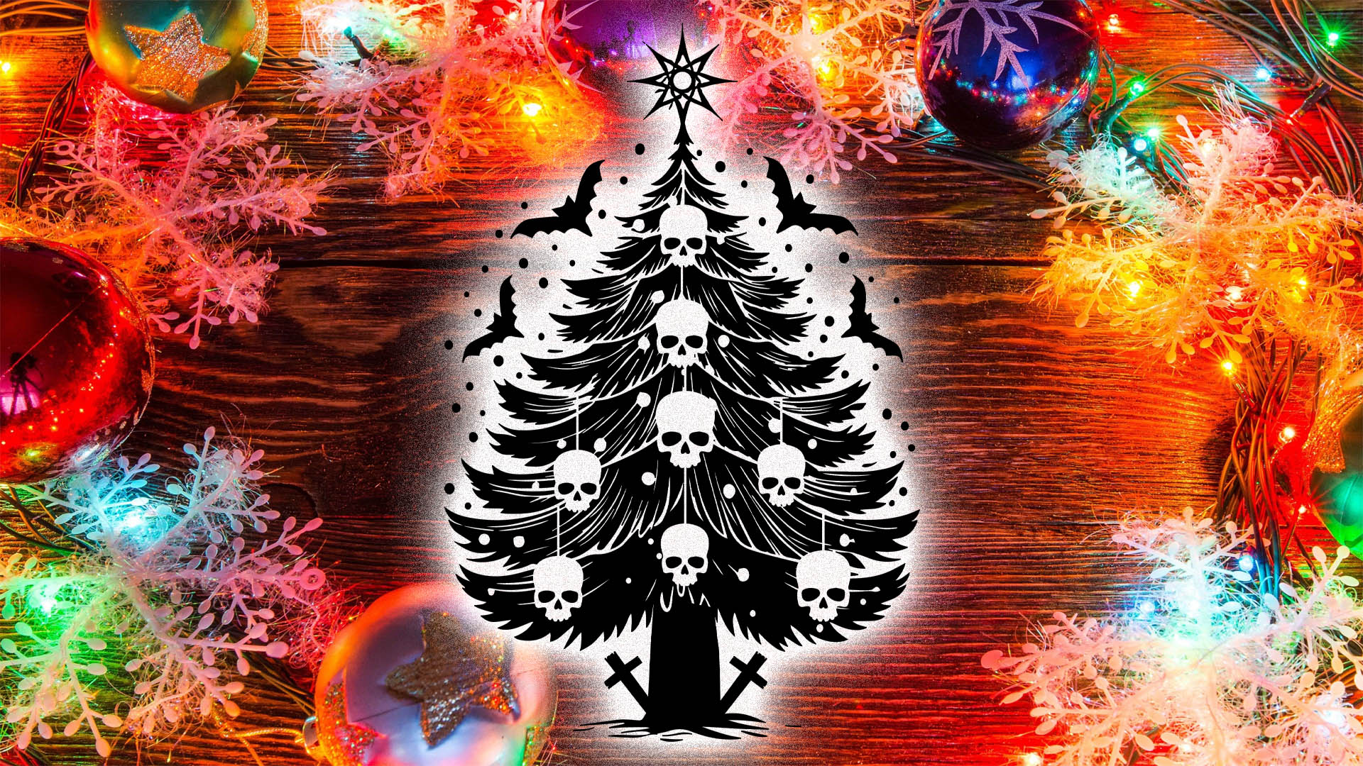 A creepy Christmas tree in front of holiday lights.